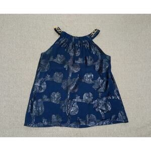 Jade Melody Women's Blouse Top Blue Metallic Floral Pattern Gold Chain Straps S